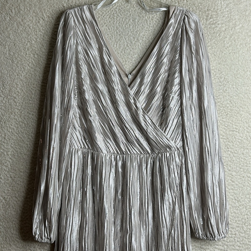 NWT Guess Womens Metallic Long Sleeve Faux Wrap Maxi Dress Champagne SIZE 14 - Picture 2 of 10